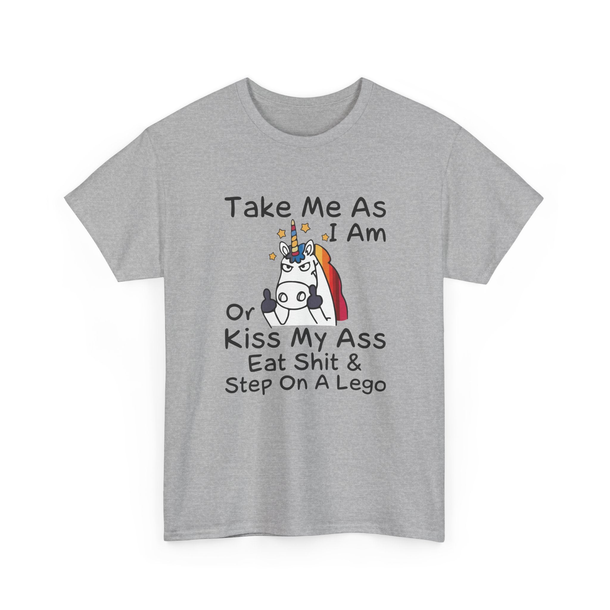 Funny Unicorn Graphic Tee - Take Me As I Am Step On A Lego Unisex T-Shirt  Description: