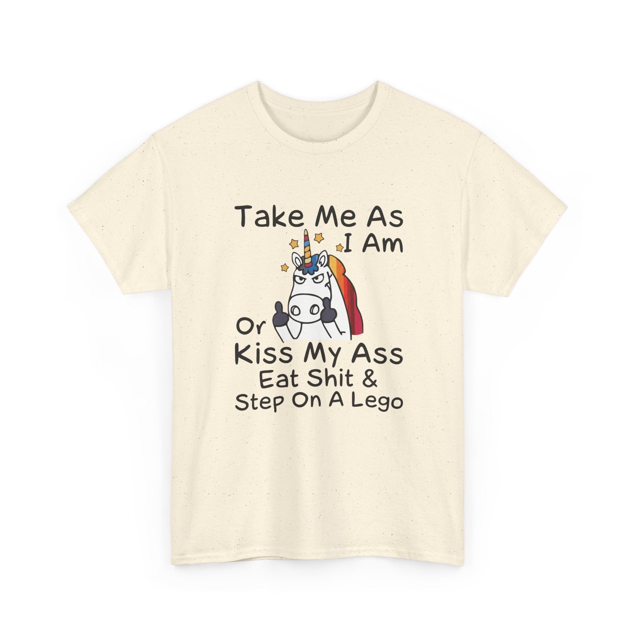 Funny Unicorn Graphic Tee - Take Me As I Am Step On A Lego Unisex T-Shirt  Description:
