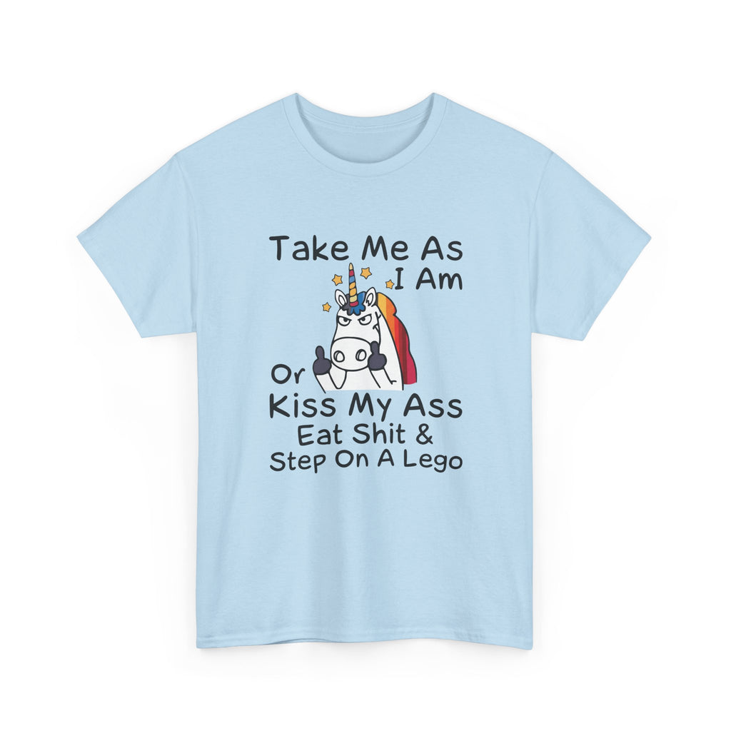 Funny Unicorn Graphic Tee - Take Me As I Am Step On A Lego Unisex T-Shirt  Description: