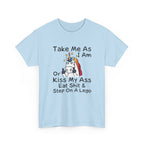 Funny Unicorn Graphic Tee - Take Me As I Am Step On A Lego Unisex T-Shirt  Description: