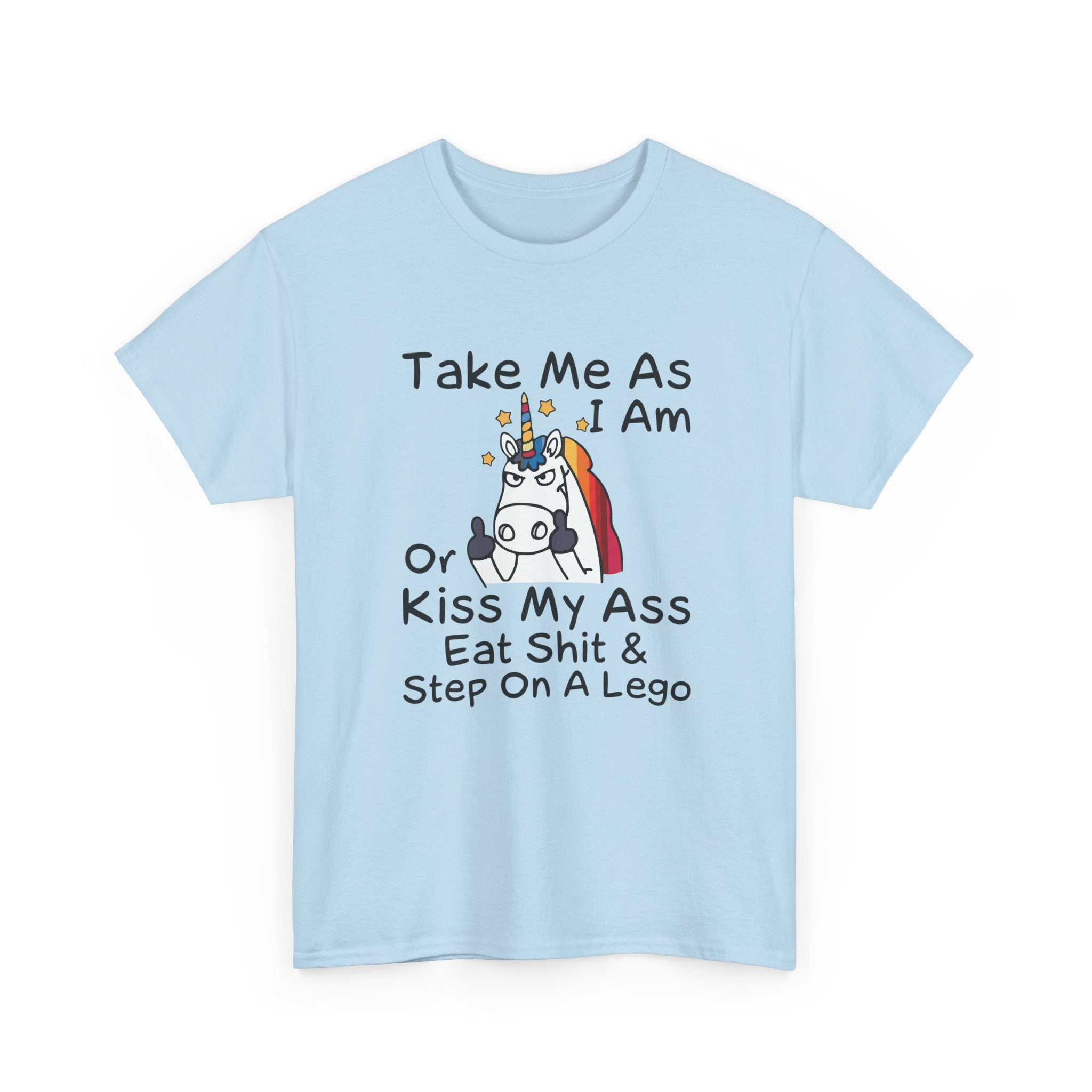 Funny Unicorn Graphic Tee - Take Me As I Am Step On A Lego Unisex T-Shirt  Description: