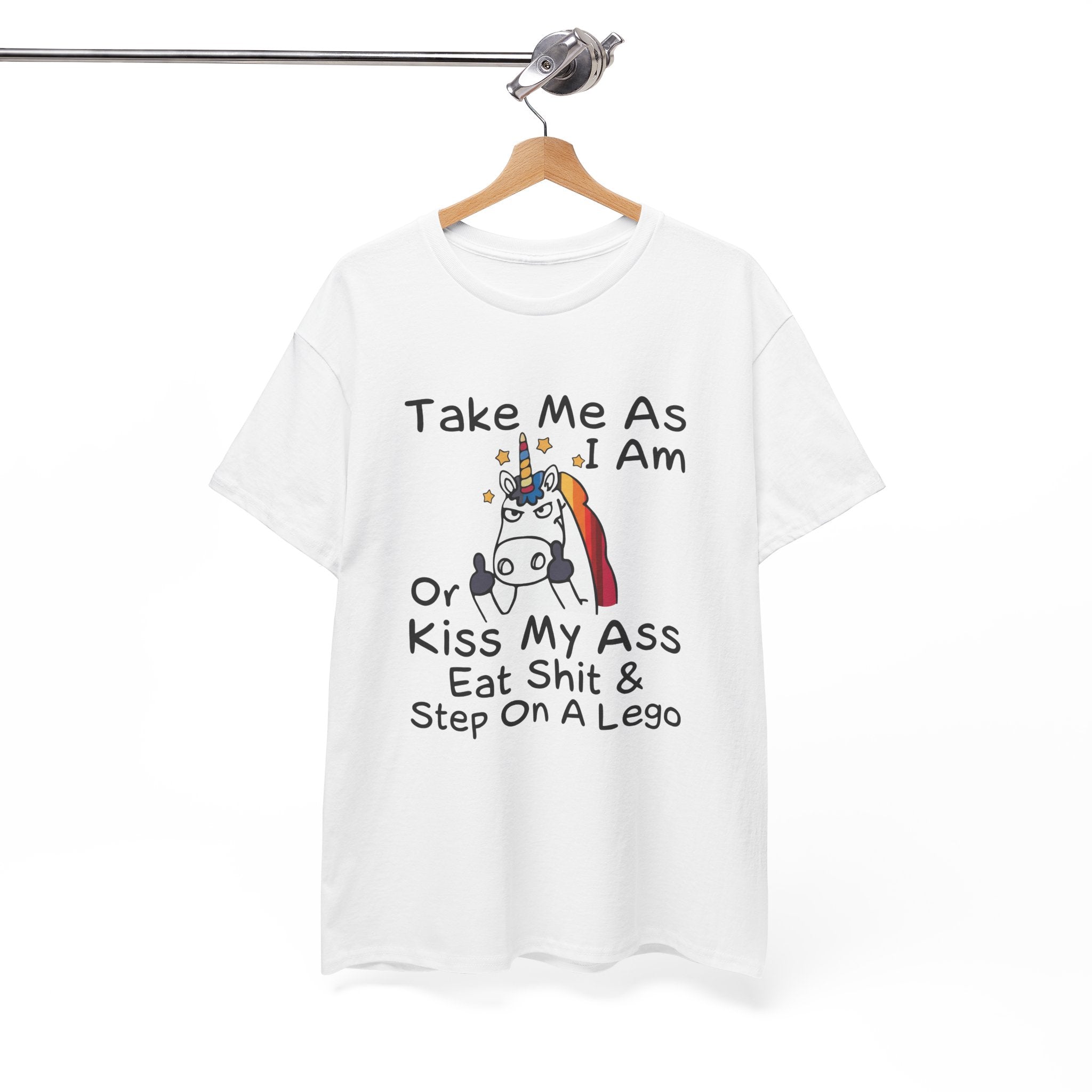 Funny Unicorn Graphic Tee - Take Me As I Am Step On A Lego Unisex T-Shirt  Description: