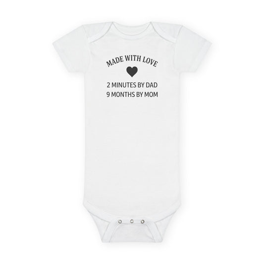 Funny Baby Onesie - Made With Love: 2 Minutes By Dad 9 Months By Mom | Cute Infant Bodysuit